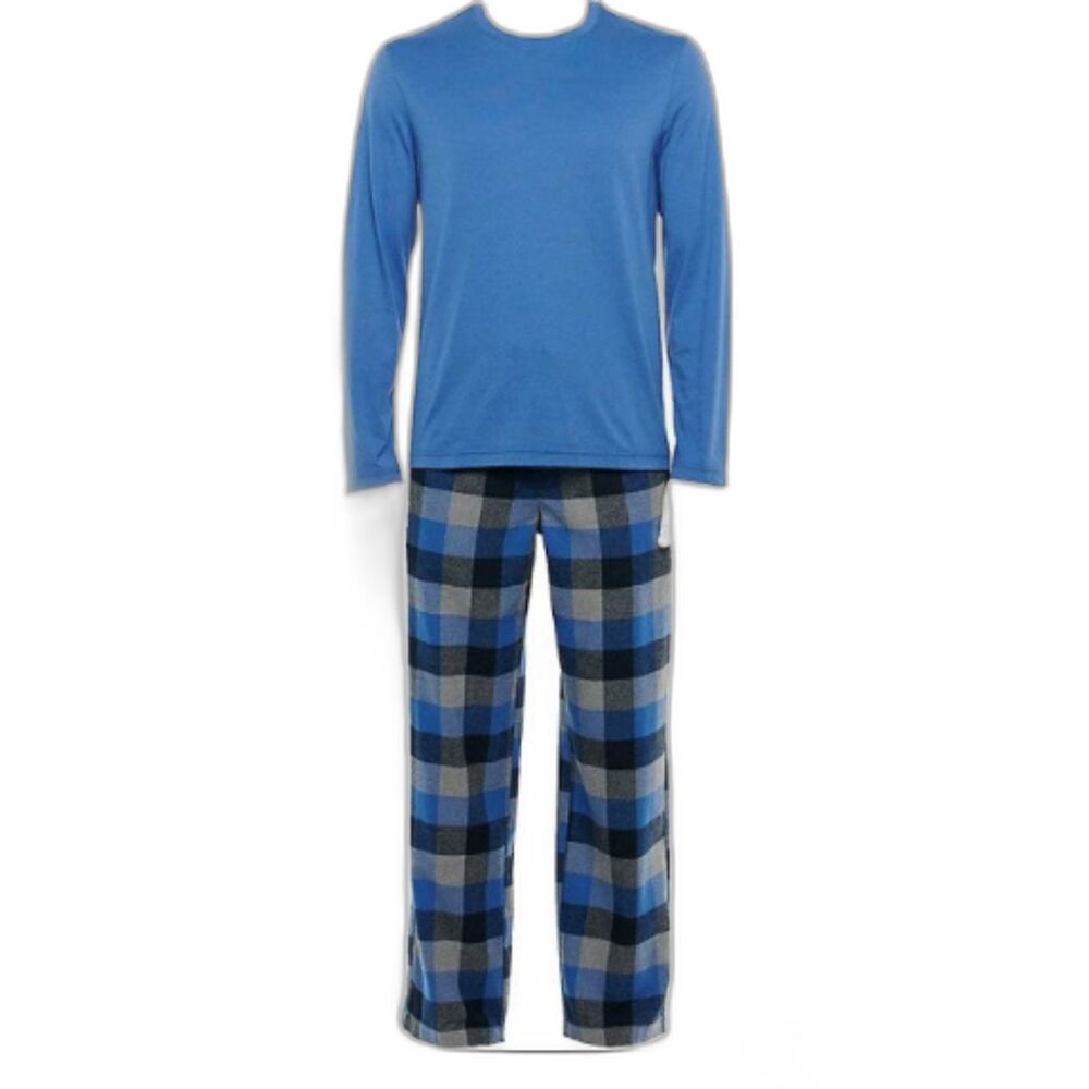 Croft & Barrow Men's Plaid Tee & Long Pant Lounge Set Blue Black Size Large NWT